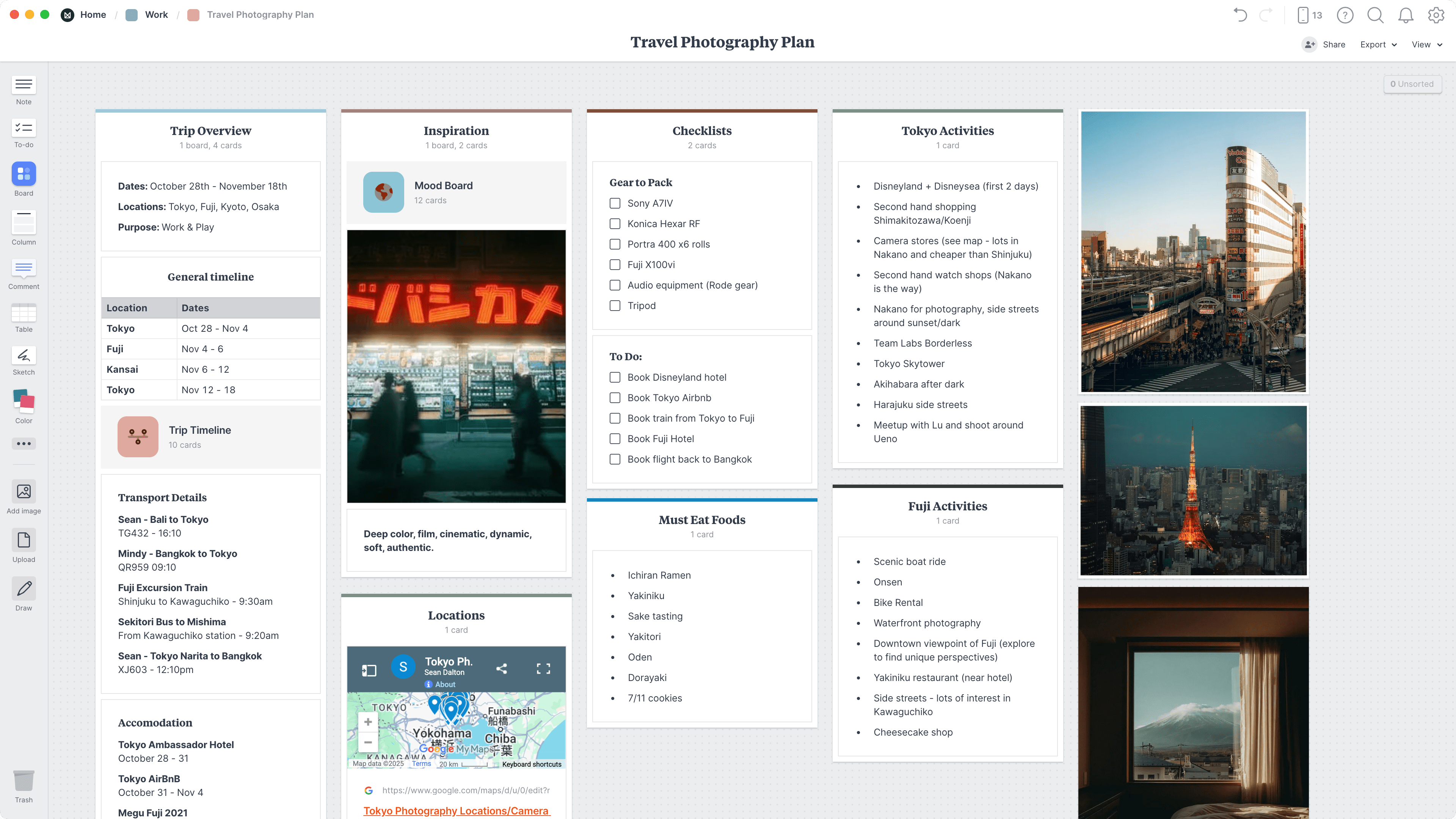 Travel Photography Plan Template, within the Milanote app