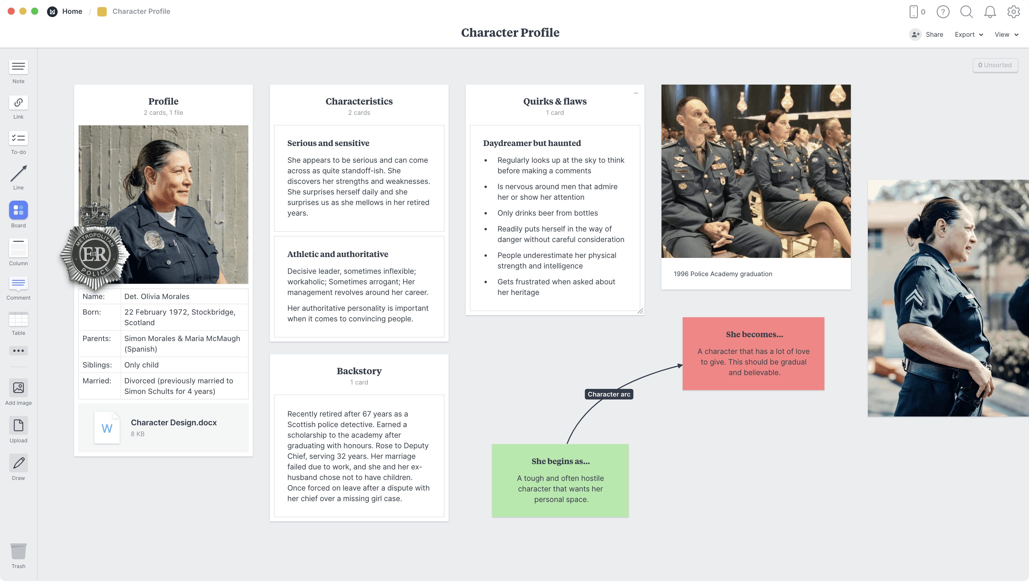 Character Profile  Template, within the Milanote app