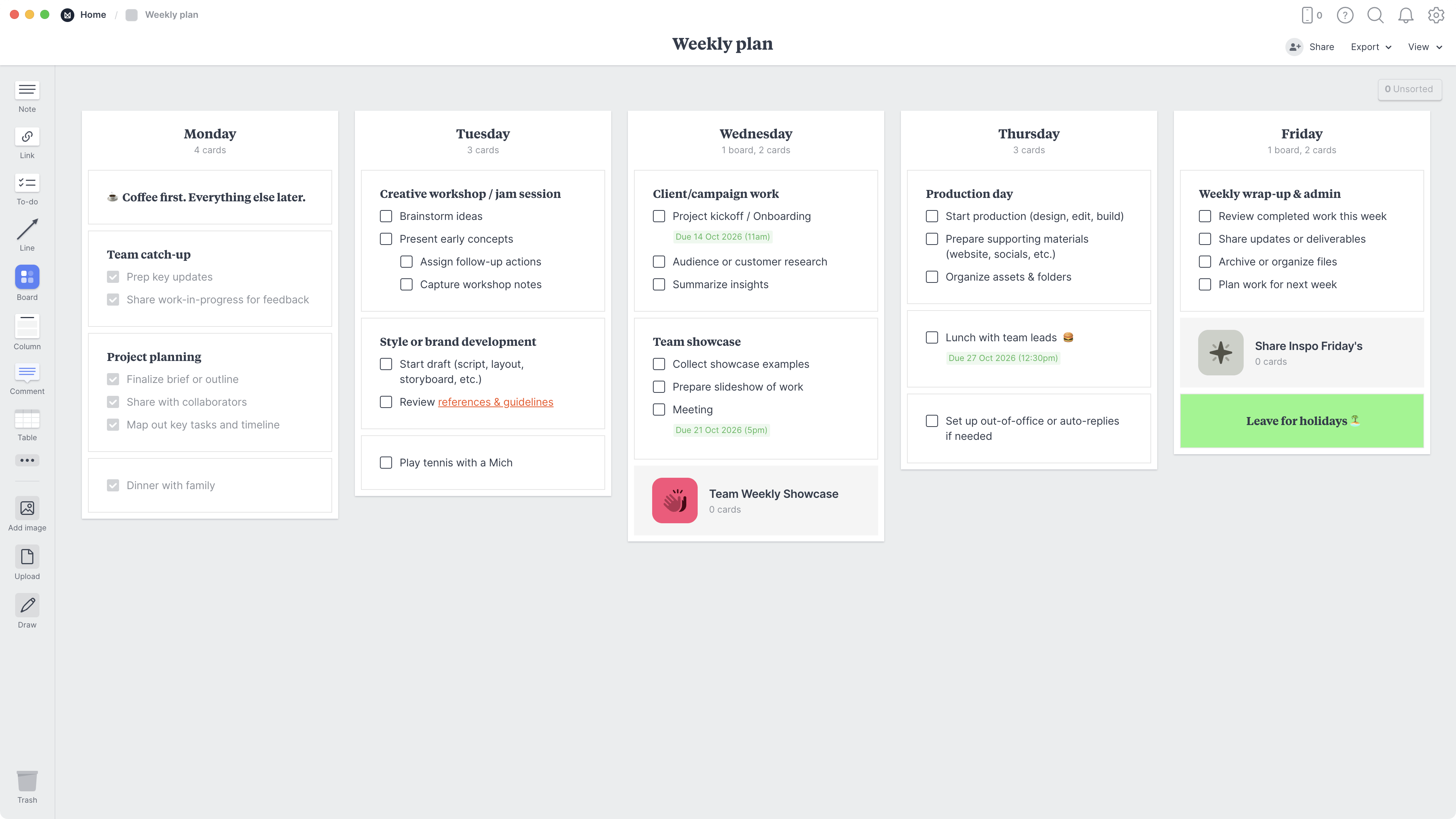 Weekly Plan Template, within the Milanote app