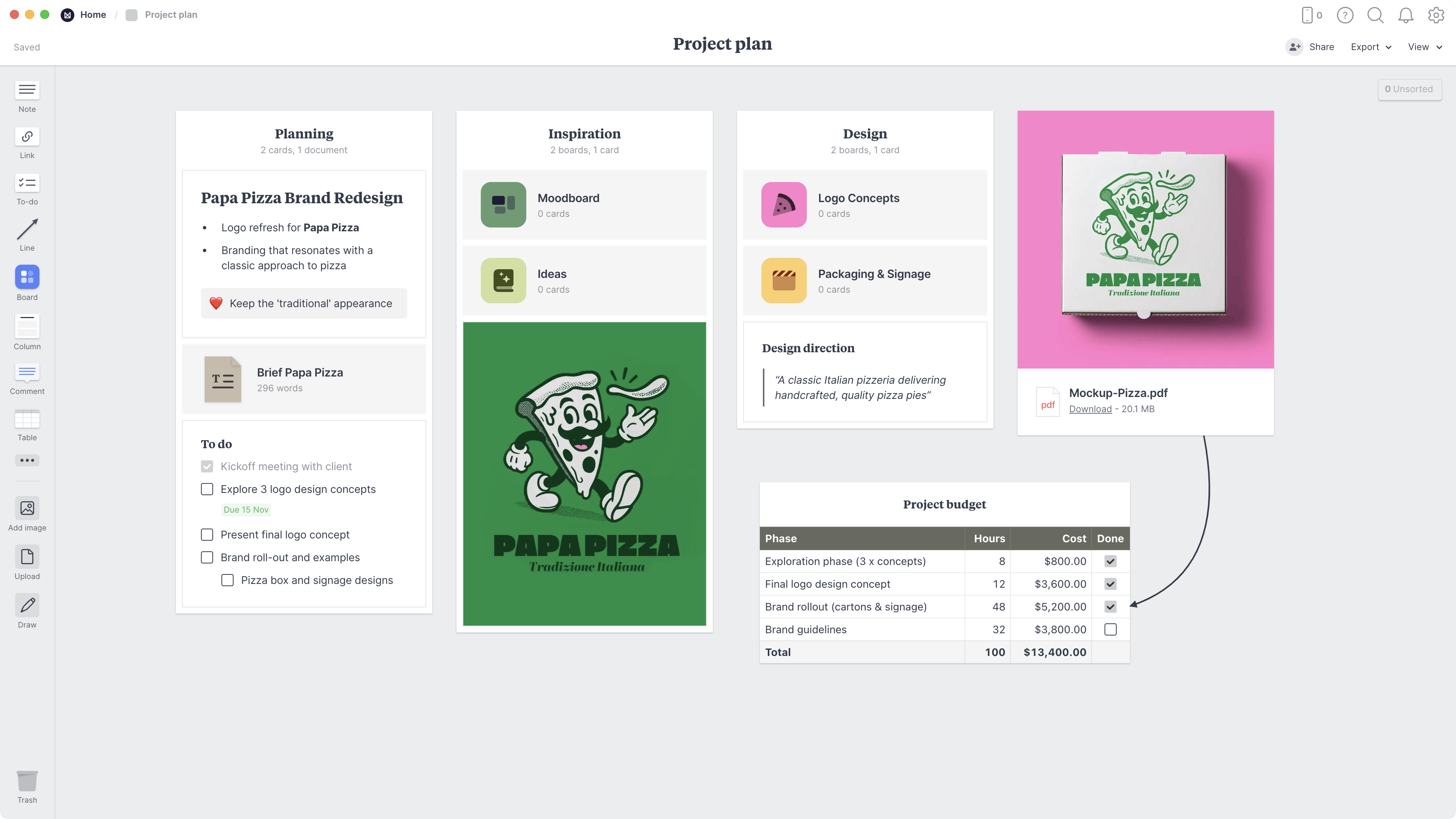 Project Plan Template, within the Milanote app