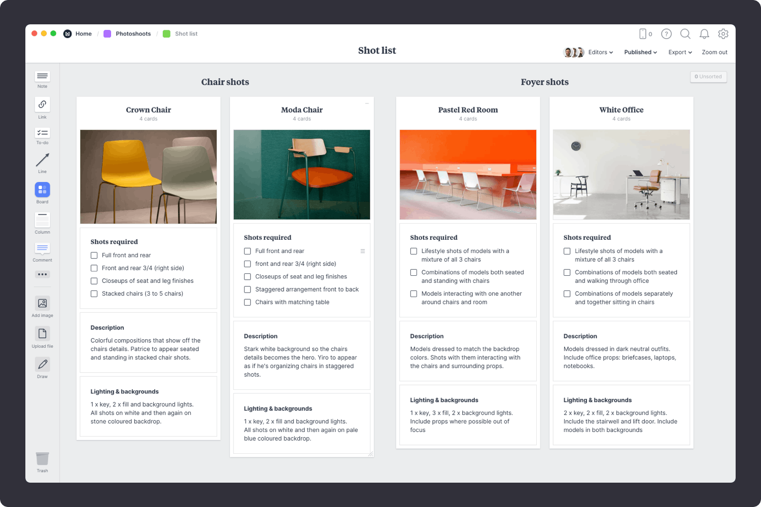Photoshoot shot list arranged in columns